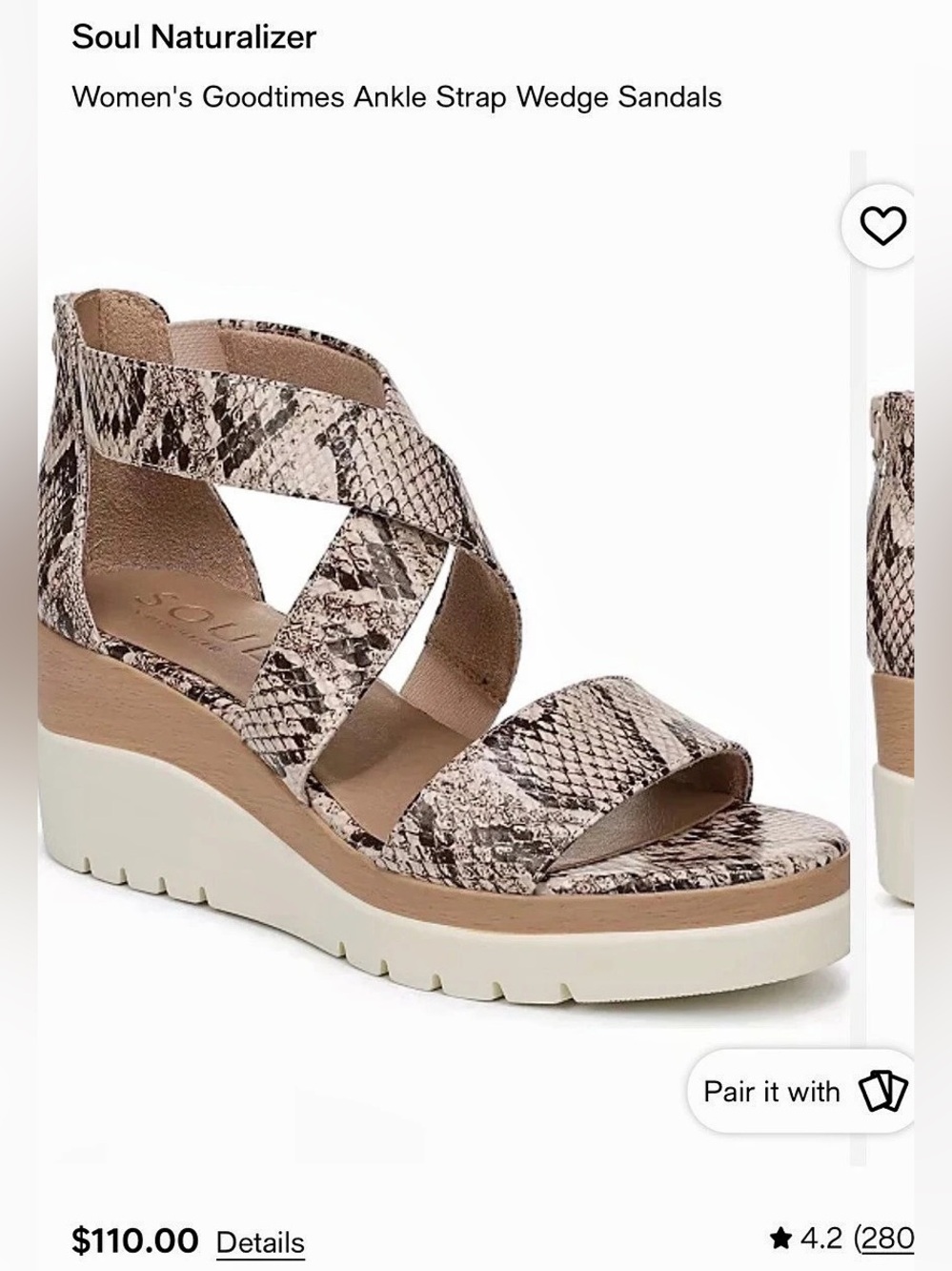 SOUl Naturalizer Goodtimes Beigemulti Snake Print Wedge Sandals US 7.5 Like New